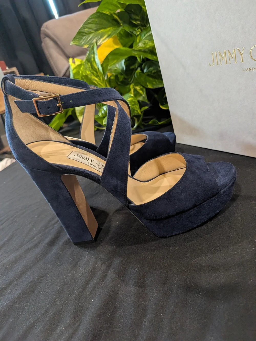 Jimmy Choo April 120 Women's Navy Suede Crisscross Platform High Block Heel
